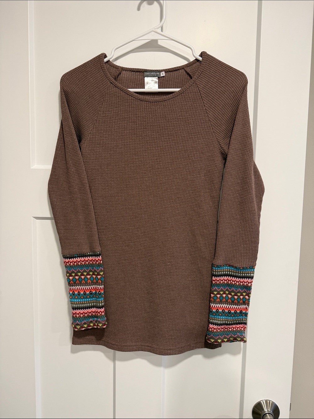 Earthbound Trading Co. Brown Boho Embroidered Cuff Long Sleeve Top Small